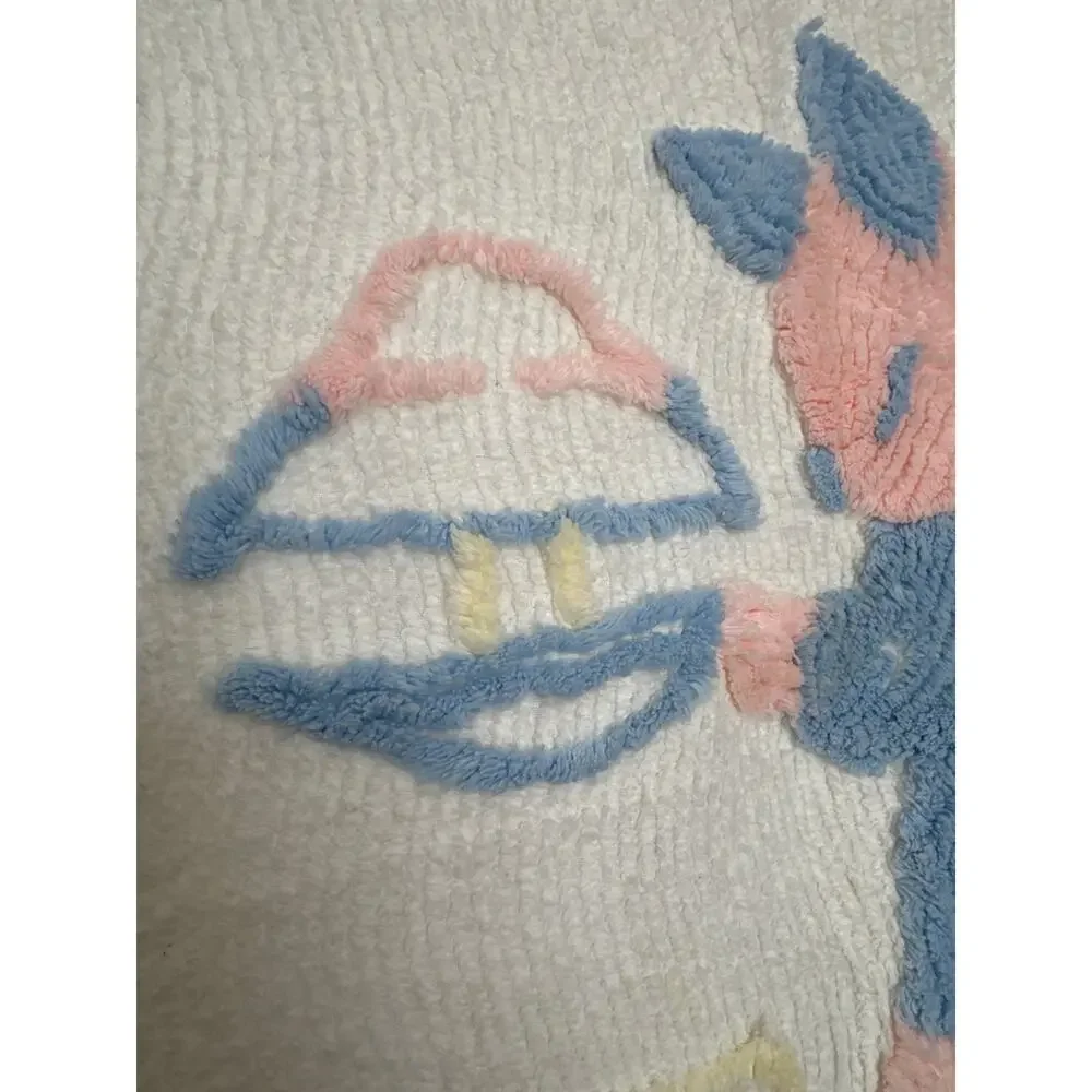 Vintage 1940s–1950s Baby Chenille Crib Blanket 40x61 Blue Pink Kitten Nursery
